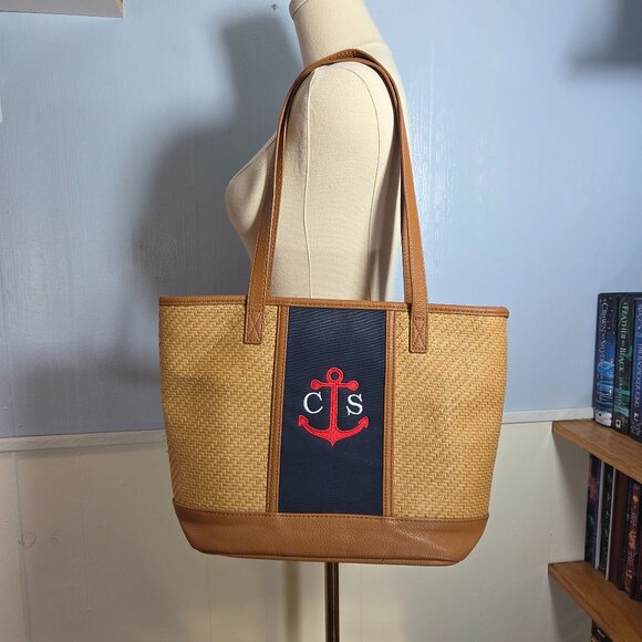 Thirty-One Customized Tan Navy Blue Nautical Large Compartment Zip Shoulder Tote - Picture 1 of 11